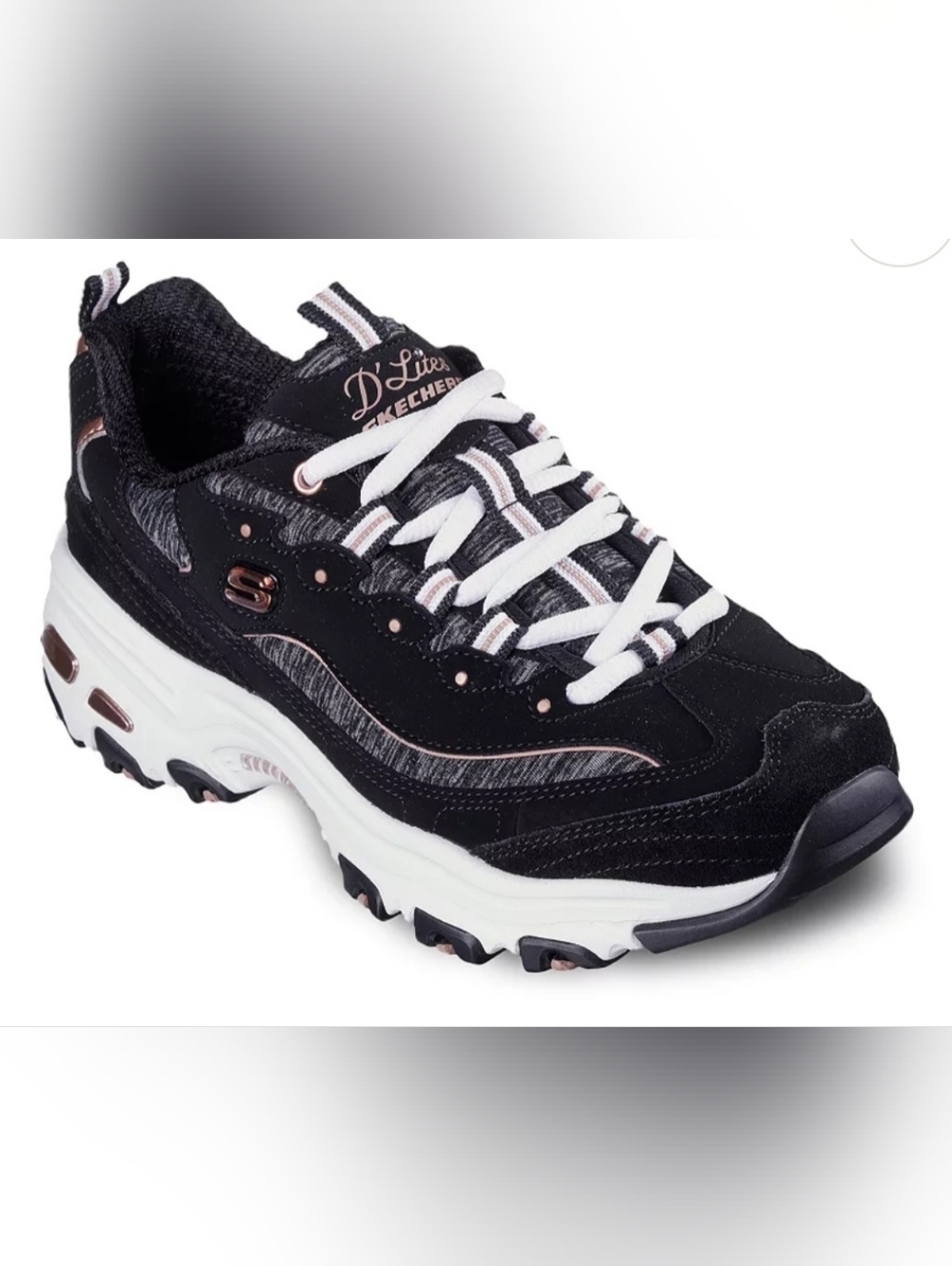 SKECHERS D'LITES ME TIME SNEAKERS SIZE 8.5 IN BLACK AND ROSE GOLD.